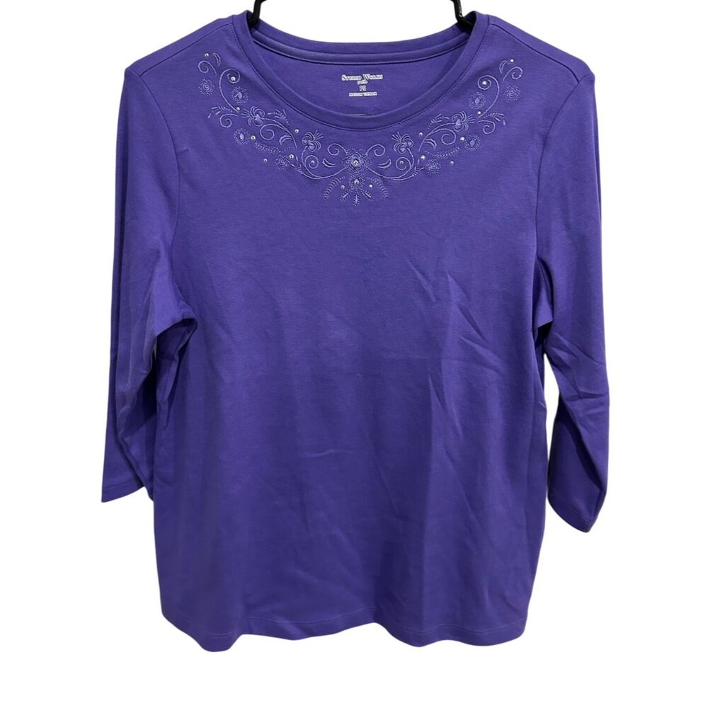 Studio Works Petite Womens Purple Embellished 3/4 Sleeve Top PS Embroidery